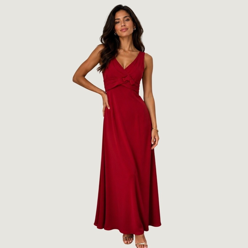 Armani Collezioni Red Silk V-Neck Bow Sleeveless Maxi Evening Gown Dress 10